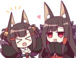  &gt;_&lt; 2girls akagi-chan_(azur_lane) akagi_(azur_lane) animal_ear_fluff animal_ears azur_lane bell black_kimono black_tail brown_hair chibi eyebrows_visible_through_hair fox_ears fox_tail hair_bell hair_ornament heart japanese_clothes jingle_bell kashimu kimono kitsune kyuubi long_hair multiple_girls multiple_tails open_mouth pleated_skirt red_eyes red_skirt sakuramon simple_background skirt skirt_under_kimono tail white_background wide_sleeves 