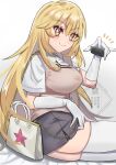  1girl absurdres bag blonde_hair breasts brown_sweater_vest closed_mouth collared_shirt commentary controller elbow_gloves from_side gloves grey_skirt hair_between_eyes handbag highres holding holding_remote_control kotou192 large_breasts long_hair looking_at_viewer miniskirt pleated_skirt pointing pointing_at_viewer remote_control school_uniform shirt shokuhou_misaki short_sleeves simple_background sitting skirt smile solo sparkling_eyes star_(symbol) star_print summer_uniform sweater_vest thighhighs toaru_kagaku_no_mental_out toaru_kagaku_no_railgun toaru_majutsu_no_index tokiwadai_school_uniform v-neck white_gloves white_shirt white_thighhighs yellow_eyes 