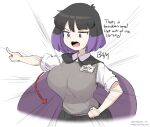  1girl angry arrow_(symbol) bangs black_hair breasts bursting_breasts cape emphasis_lines english_text hand_on_hip hilda_(series) id_card kaisa_(hilda) large_breasts magister_(bearibop) multicolored_hair open_mouth pointing purple_eyes purple_hair shirt short_hair short_sleeves simple_background solo twitter_username vest 