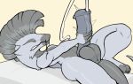 absurd_res abzollozdol anthro balls bed bodily_fluids cum dinosaur dromaeosaurid erection fur furniture genital_fluids genitals grey_body grey_fur hi_res lying male masturbation on_back on_bed prehistoric_species reptile scalie simple_background sock_(character) solo tail theropod