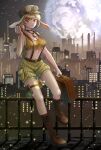  1girl animal_ears apple black_sky blonde_hair blush boots breasts briefcase brown_boots brown_hat building cabbie_hat city city_lights cleavage clock_necklace closed_mouth commentary_request earth_(planet) floppy_ears food fruit full_body goggles goggles_on_headwear hat highres holding holding_briefcase holding_food holding_fruit holster kyabekko lace-up_boots looking_at_viewer lunar_capital_(touhou) medium_breasts midriff name_connection navel object_namesake outdoors planet rabbit_ears rabbit_girl railing red_eyes ringo_(touhou) short_hair shorts sky skyscraper smile solo sports_bra star_(sky) starry_sky thigh_holster touhou yellow_shorts yellow_sports_bra 