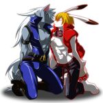  2boys animal_ear_fluff armlet blonde_hair blue_eyes blue_jumpsuit body_fur boots bulge claws commentary_request crossover eye_contact full_body furry furry_male goggles goggles_around_neck grey_fur high_collar jewelry jumpsuit king_kazma kneeling long_hair looking_at_another male_focus multiple_boys parted_lips precure rabbit_boy simple_background sleeveless_jumpsuit smile_precure! studded_armlet summer_wars tail unzipped very_long_hair wauwa white_background white_fur white_hair wolf_boy wolfrun yaoi 