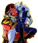  2boys akaooni animal_print armlet blue_eyes blue_hair blue_jumpsuit body_fur brown_eyes brown_hair carrying carrying_person claws commentary_request furry furry_male grey_fur high_collar horns jewelry jumpsuit long_hair looking_at_viewer male_focus multiple_boys oni pointy_ears precure red_theme short_hair simple_background sleeveless_jumpsuit smile_precure! studded_armlet tail tiger_print tusks unzipped very_long_hair wauwa white_background wolf_boy wolfrun 