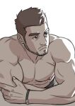  1boy abs bara beard black_male_underwear bracelet brown_hair elbow_rest facial_hair highres jewelry koji_(wildlhz) looking_to_the_side male_focus mature_male muscular muscular_male nipples original pectorals short_hair solo stubble thick_eyebrows underwear underwear_only 