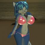  1:1 3d_(artwork) absurd_res anthro beach beverage big_breasts bikini blue_body blue_fur blue_hair breasts canid canine clothed clothing digital_media_(artwork) female fox fur hair hands-free_bubble_tea hi_res huge_breasts krystal looking_at_viewer mammal meme nintendo outside seaside skimpy sling_bikini smile solo star_fox straw swimwear themeshow101 underwear video_games white_body white_fur wide_hips 