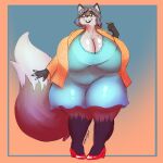  absurd_res anthro big_breasts bra breasts canid canine cleavage clothed clothing digital_media_(artwork) eyewear female fox fur glasses hair hi_res huge_breasts jroy101 lipstick looking_at_viewer makeup mammal mature_female obese obese_anthro overweight overweight_anthro overweight_female simple_background smile solo thick_thighs underwear 
