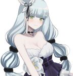  1girl a_iri_a bangs bare_shoulders blue_hair blush breasts cleavage closed_mouth dress dress_flower eyebrows_visible_through_hair girls_frontline green_eyes hair_ribbon highres hk416_(girls_frontline) jewelry long_hair looking_at_viewer medium_breasts necklace ribbon smile solo_focus white_background white_dress 