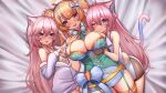  3girls absurdres animal_ears black_gloves blue_eyes blush bonnie_(bunny_gif) bracelet breast_envy breasts cat_ears cat_girl cat_tail cleavage cowboy_shot fingerless_gloves girl_sandwich gloves hair_between_eyes highres indie_virtual_youtuber jewelry kaptivate large_breasts looking_at_viewer multiple_girls nyatasha_nyanners off_shoulder open_mouth orange_hair purple_eyes sandwiched second-party_source smile snuffy_(vtuber) spiked_bracelet spikes tail virtual_youtuber vshojo 