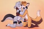  anthro balls blush canid canine dipstick_tail duo ears_back elcy erection eyes_closed fox french_kissing genitals gradient_background hand_on_face handjob inner_ear_fluff kissing kneeling lutrine male male/male mammal multicolored_tail mustelid penile pivoted_ears sex simple_background step_(character) tuft 