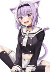  1girl :3 :d absurdres ahoge animal_collar animal_ear_fluff animal_ears bangs black_collar black_shirt blush breasts cat_ears cat_girl cat_tail collar commentary_request eyebrows_visible_through_hair fang feet_together hair_between_eyes highres hololive kneehighs long_sleeves looking_at_viewer medium_breasts midriff moonbell navel nekomata_okayu open_mouth purple_eyes purple_hair sailor_collar shirt short_hair short_sleeves shorts simple_background sitting sleeves_past_wrists smile solo spread_legs tail tail_raised virtual_youtuber white_background white_neckwear white_sailor_collar white_shorts 