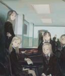  5girls black_hair black_jacket black_skirt blonde_hair chair collared_shirt highres indoors instrument jacket long_sleeves looking_at_viewer multiple_girls original red_neckwear season_(artist) shirt sitting skirt standing table violin white_shirt 