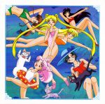  1990s_(style) 6+girls aino_minako arm_behind_head arm_up armpits artemis_(sailor_moon) bikini bishoujo_senshi_sailor_moon black_eyes black_hair blonde_hair blue_eyes blue_hair blue_swimsuit book brown_hair casual_one-piece_swimsuit cat chibi_usa closed_eyes crossed_legs double_bun eyebrows_visible_through_hair goggles green_swimsuit hair_bobbles hair_ornament hat high_ponytail highres hino_rei holding holding_book index_finger_raised innertube kino_makoto long_hair looking_at_viewer luna_(sailor_moon) mizuno_ami multiple_girls official_art one-piece_swimsuit one_eye_closed open_book open_mouth orange_swimsuit outstretched_arm pink_footwear pink_hair pink_swimsuit reading red_eyes red_footwear red_swimsuit retro_artstyle short_hair smile sun_hat swimsuit tsukino_usagi twintails very_long_hair white_swimsuit 
