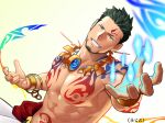  1boy abs bara beard black_hair blue_fire facial_hair fire gyee itto_(mentaiko) jewelry large_pectorals looking_at_viewer magic male_focus manly mature_male muscular muscular_male navel nipples pectorals priapus priapus_a._tarou shirtless smile solo tattoo textless upper_body 