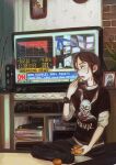  1girl black_pants black_shirt brown_hair cnn eating food fruit highres open_mouth orange original pants print_shirt screen season_(artist) shirt sitting solo television watch wide_shot wristwatch 