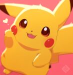  animal_ears blush commentary_request gen_1_pokemon heart looking_at_viewer no_humans no_sclera open_mouth pikachu pokemon pokemon_(creature) red_background red_eyes simple_background smile tail tsuji 