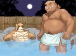  2021 balls barazoku barely_visible_balls barely_visible_genitalia barely_visible_penis bathing belly brown_body brown_fur canid canine detailed_background duo eyes_closed flaccid fur genitals hot_spring jacklantern_11 kemono male mammal moobs muscular muscular_male navel night nipples onsen ororwide11 outside penis raccoon_dog sitting suid suina sus_(pig) tanuki towel water wet wild_boar 