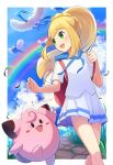  1girl absurdres altaria backpack bag bangs blonde_hair blush border braid clefairy cloud commentary day eyelashes floating_hair gen_1_pokemon gen_3_pokemon green_eyes highres holding_strap kenko_(a143016) knees leaves_in_wind lillie_(pokemon) long_hair open_mouth outdoors outside_border pleated_skirt pokemon pokemon_(creature) pokemon_(game) pokemon_sm rainbow shirt short_sleeves sidelocks skirt sky smile swablu teeth tongue white_border white_shirt 