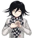  1boy bangs black_hair checkered checkered_scarf closed_eyes closed_mouth danganronpa_(series) danganronpa_v3:_killing_harmony facing_viewer hair_between_eyes hands_together hands_up jacket long_sleeves magic_trick male_focus ouma_kokichi own_hands_together renshu_usodayo scarf simple_background smile solo straitjacket upper_body white_background white_jacket 