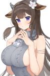  1girl animal_ears aran_sweater azur_lane bangs breasts brown_hair closed_eyes cow_ears cow_girl cow_horns cow_tail eyebrows_visible_through_hair flower grey_sweater hair_flower hair_ornament highres horns kashino_(azur_lane) large_breasts long_hair looking_at_viewer meme_attire nail_polish own_hands_together pink_nails purple_eyes sideboob simple_background skindentation sleeveless sleeveless_turtleneck solo sweater tail turtleneck upper_body very_long_hair virgin_killer_sweater white_background white_flower yayako_(804907150) 