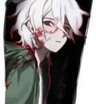  alternate_eye_color bangs black_background blood blood_on_face bloody_clothes closed_mouth danganronpa_(series) danganronpa_2:_goodbye_despair from_side green_jacket hood hood_down hooded_jacket jacket komaeda_nagito looking_at_viewer male_focus open_clothes open_jacket outline red_eyes red_outline serious shirt short_hair solo sudan_73_p upper_body white_background white_hair 