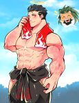  1boy ^_^ animal_ears arsalan_(tokyo_houkago_summoners) bara beard black_hair blue_sky blush burn_scar closed_eyes cloud cloudy_sky collarbone english_commentary facial_hair furry green_hair halo heart highres hip_vent lion_boy lion_ears lisuchi male_focus muscular muscular_male navel nipples notice_lines outdoors pectorals scar shirtless short_hair sideways_glance sky smile solo_focus speech_bubble stubble sweat tokyo_houkago_summoners towel towel_around_neck wiping wiping_face zabaniya_(tokyo_houkago_summoners) 