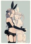  2girls animal_ears ass asymmetrical_clothes bare_shoulders black_garter_belt black_gloves black_legwear black_panties black_tubetop blue_eyes brown_hair bunny_ears bunny_girl bunny_tail closed_eyes elbow_gloves eyebrows face-to-face forehead garter_belt garter_straps gloves grey_background hands_on_another&#039;s_chest highres hug kokudou_juunigou long_hair moaning multiple_girls open_mouth original panties ponytail side-tie_panties simple_background smile strapless tail tail_grab thighhighs thighs tubetop underwear underwear_only underwear_request white_garter_belt white_gloves white_legwear white_panties white_tubetop yuri 