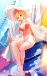  1girl animal_on_lap azur_lane bangs bare_shoulders blonde_hair blue_sky breasts cat cat_on_lap cleavage closed_mouth collarbone covered_navel crossed_legs eyebrows_visible_through_hair flower frilled_swimsuit frills hair_between_eyes hat highleg highleg_swimsuit highres large_breasts large_hat long_hair looking_at_viewer matori_(penguin_batake) nail_polish one-piece_swimsuit outdoors red_eyes red_nails red_swimsuit richelieu_(azur_lane) richelieu_(flagship_in_the_sea_breeze)_(azur_lane) rose sitting sky smile sun_hat swimsuit swimwear thigh_strap white_cat white_flower white_footwear white_rose white_sleeves 