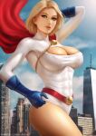 1girl adjusting_clothes adjusting_leotard arm_behind_head arm_up artist_name bangs belt blonde_hair blue_eyes blue_gloves blue_sky breasts building cape cleavage_cutout closed_mouth clothing_cutout cloud cloudy_sky commentary covered_nipples day dc_comics elbow_gloves gloves highres large_breasts leotard light_smile lips long_sleeves looking_at_viewer outdoors parted_bangs power_girl red_belt red_cape shiny shiny_skin short_hair simple_background sky solo thighs white_leotard yupachu 