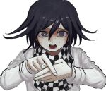  1boy bangs black_eyes black_hair checkered checkered_scarf danganronpa_(series) danganronpa_v3:_killing_harmony hair_between_eyes hands_together jacket long_sleeves looking_at_viewer magic_trick male_focus open_mouth ouma_kokichi own_hands_together renshu_usodayo scarf short_hair simple_background solo straitjacket sweat teeth upper_body white_background white_jacket 