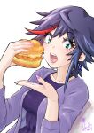  1girl aqua_eyes black_hair cardigan eating eyebrows_visible_through_hair food hands_up highres holding holding_food hori_shin indie_virtual_youtuber long_sleeves looking_at_viewer minori_yumeko multicolored_hair purple_cardigan purple_nails red_hair sandwich short_hair signature simple_background solo streaked_hair upper_body white_background 