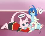  2018 anthro blue_body blue_eyes blue_hair clothed clothing cute_expression duo eeveelution female feral fin fin_ears hair hi_res legendary_pok&eacute;mon lying mew myuu_(rivvoncat) nintendo on_front pawpads paws pink_body pok&eacute;mon pok&eacute;mon_(species) shikaro sitting speech_bubble text vaporeon video_games vore white_body yellow_eyes 