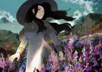  1girl black_hair blue_eyes blue_sky capelet day dress flower grey_dress hat long_hair looking_to_the_side majo_(mazyomazyo) mountainous_horizon original outdoors sky standing wind witch_hat 