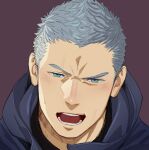  1boy bara blush close-up devil_may_cry devil_may_cry_4 face green_eyes hood hood_down itto_(mentaiko) looking_at_viewer male_focus naughty_face nero_(devil_may_cry) open_mouth short_hair silver_hair solo spiked_hair sweat 