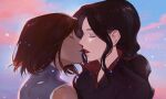  2girls asami_sato avatar_(series) black_hair brown_hair closed_eyes eyeshadow h_nut imminent_kiss korra lipstick low_ponytail makeup multiple_girls parted_lips ponytail red_lips short_hair sleeveless the_legend_of_korra upper_body yuri 