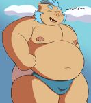  2021 absurd_res anthro belly blue_hair brown_body bulge clothing eyes_closed gendomx gouryou hair hi_res male mammal moobs navel nipples outside overweight overweight_anthro overweight_male solo suid suina sus_(pig) swimwear tokyo_afterschool_summoners video_games wild_boar 