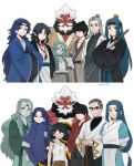  6+boys a&#039;gen_(the_legend_of_luoxiaohei) absurdres arms_behind_back black_hair blue_hair blue_robe braid colored_skin diting_(the_legend_of_luoxiaohei) glasses grey_hair highres horns kizumi-cp-loveww lanxi_zhen laojun_(the_legend_of_luoxiaohei) long_hair multiple_boys pan_jing_(the_legend_of_luoxiaohei) pointy_ears red_skin robe simple_background single_horn sword tank_top the_legend_of_luo_xiaohei upper_body weapon white_background white_tank_top wuxian_(the_legend_of_luoxiaohei) xuan_li_(the_legend_of_luoxiaohei) 