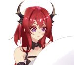  1girl arknights bangs bare_shoulders chinese_commentary commentary_request eyebrows_visible_through_hair eyelashes eyeshadow horns long_hair makeup nengliang_shengmingti partial_commentary purple_eyes red_hair simple_background solo surtr_(arknights) upper_body white_background 