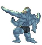  clenched_teeth commentary extra_arms full_body gen_1_pokemon highres looking_at_viewer looking_back machamp one_knee pokemon pokemon_(creature) red_eyes smile solo teeth toes tokonatu 