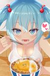  1girl bangs bare_shoulders blue_eyes blue_hair blush breast_rest breasts chopsticks cleavage collarbone eating eyebrows_visible_through_hair food gyuudon hair_bobbles hair_ornament heart highres holding holding_chopsticks ino_cent kawashiro_nitori large_breasts light_blush looking_at_viewer medium_hair no_hat no_headwear open_mouth short_twintails sidelocks solo spoken_heart tank_top touhou twintails two_side_up udon white_tank_top 