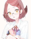  1girl aru_(blue_archive) blue_archive blush book glasses grey_background hair_ornament hairclip highres holding holding_book horns neck_ribbon open_mouth pencil_case red_hair red_neckwear ribbon seisei_tamago shirt short_hair simple_background solo upper_body white_shirt yellow_eyes 
