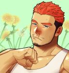 1boy bara beard blue_eyes brown_hair close-up face facial_hair flower gyee itto_(mentaiko) male_cleavage male_focus mature_male multicolored_hair muscular muscular_male orange_hair pectorals rand_(gyee) runny_nose short_hair sidepec solo stubble tank_top tearing_up two-tone_hair white_tank_top yellow_flower 