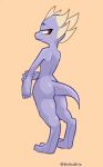  ambiguous_gender anthro biped blush butt flat_chested hi_res horn kobold looking_at_viewer mithobits nude purple_body red_eyes scalie simple_background solo standing 