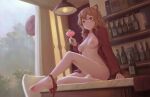  1girl alcohol bar barefoot bigrbear bottle breasts brown_eyes brown_hair closed_mouth cocktail cup fernandia_malvezzi highres holding holding_cup legs long_hair long_sleeves looking_at_viewer medium_breasts nipples open_clothes open_shirt panties panties_around_ankles panty_pull red_panties red_shirt shirt sitting smile solo strike_witches underwear window world_witches_series 