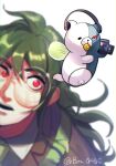  1boy :d alternate_size artist_name baru_(bar_0405) blurry blurry_foreground brown_jacket camera collared_shirt commentary_request danganronpa_(series) danganronpa_v3:_killing_harmony depth_of_field gokuhara_gonta green_hair hair_between_eyes headphones highres holding holding_camera jacket lens_flare long_hair looking_at_viewer looking_up male_focus monokid motion_blur open_mouth red_eyes round_eyewear shirt simple_background smile solo_focus upper_teeth white_background wings 
