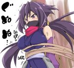  1girl asahi_(fullmetal_madness) ayame_(gundam_build_divers) bangs bdsm bondage bound breasts commentary_request detached_sleeves gundam gundam_build_divers hip_armor japanese_clothes kimono large_breasts mask mouth_mask ninja ninja_mask purple_eyes purple_hair red_scarf rope scarf short_kimono sidelocks sleeveless solo split_ponytail translation_request 