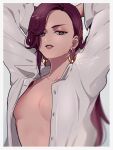 1girl arms_up border collared_shirt earrings eyeshadow half-closed_eyes highres jewelry kisaragi_yuu_(fallen_sky) long_hair long_sleeves makeup no_bra open_clothes open_shirt original parted_lips red_hair shirt signature solo upper_body white_border white_shirt 