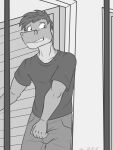  alligator alligatorid anthro bottomwear clothed clothing crocodilian fully_clothed fuze gabriel_(fuze) greyscale hi_res looking_back male monochrome nervous pants reptile scalie shirt solo t-shirt topwear 