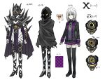  1girl black_nails breasts character_sheet cleavage cleavage_cutout cloak clothing_cutout hero-san_to_moto_onna_kanbu-san high_heels highres medium_breasts multiple_views official_art open_hands orange_eyes power_armor smile somechime_(sometime1209) spikes symbol-shaped_pupils tokusatsu white_hair x_(hero-san_to_moto_onna_kanbu-san) 