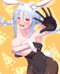 1girl :o alternate_breast_size animal_ears armpits bangs bare_shoulders black_gloves black_legwear black_leotard blue_hair blush braid breast_squeeze breasts bunny_ears bunny_tail carrot carrot_hair_ornament cleavage collarbone covering covering_breasts embarrassed food_themed_hair_ornament fur-trimmed_gloves fur_trim gloves hair_between_eyes hair_ornament half_gloves highres hololive huge_breasts ichi-go leotard looking_at_viewer multicolored_hair navel_piercing open_mouth orange_background orange_eyes pantyhose piercing playboy_bunny polka_dot polka_dot_background sidelocks sleeveless solo strapless sweat tail twin_braids twintails two-tone_hair upper_teeth usada_pekora virtual_youtuber 