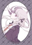  1girl border braid commentary danganronpa:_trigger_happy_havoc danganronpa_(series) eyelashes framed hair_ribbon highres jacket kirigiri_kyouko leaning_back long_hair looking_at_viewer necktie open_clothes open_jacket patterned_background profile purple_background purple_eyes purple_hair purple_jacket purple_ribbon red_neckwear ribbon side_braid simple_background solo sumire_rnp upper_body white_background 